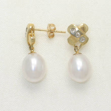 Load image into Gallery viewer, 14k Yellow Gold X-Design Diamond &amp; White Cultured Pearl Dangle Stud Earrings