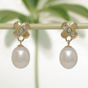 14k Yellow Gold X-Design Diamond & White Cultured Pearl Dangle Stud Earrings