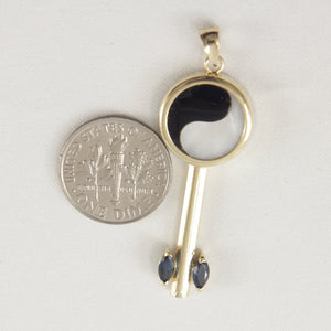 14K Yellow Gold Yin Yang Mother of Pearl & Sapphire Key Pendant