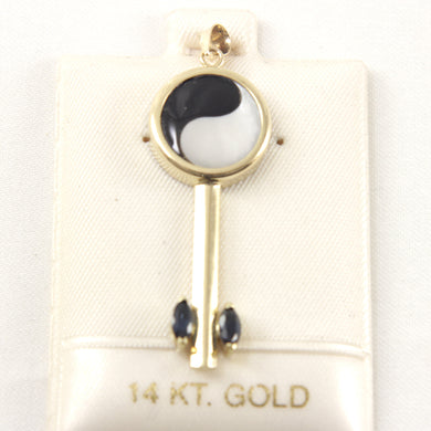 14K Yellow Gold Yin Yang Mother of Pearl & Sapphire Key Pendant