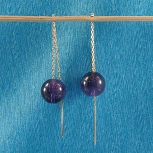 14k Yellow Solid Gold Threader Chain 10mm Amethyst Bead Dangle Earrings