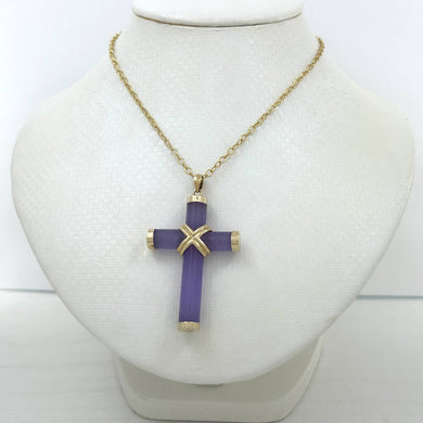 14k Solid Yellow Gold Hand 7 mm Column Lavender Jade Christian Cross Pendant