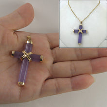 Load image into Gallery viewer, 14k Solid Yellow Gold Hand 7 mm Column Lavender Jade Christian Cross Pendant