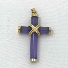Load image into Gallery viewer, 14k Solid Yellow Gold Hand 7 mm Column Lavender Jade Christian Cross Pendant