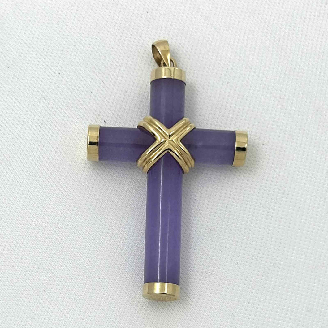 14k Solid Yellow Gold Hand 7 mm Column Lavender Jade Christian Cross Pendant