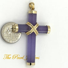 Load image into Gallery viewer, 14k Solid Yellow Gold Hand 7 mm Column Lavender Jade Christian Cross Pendant