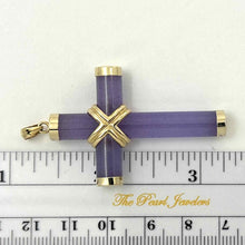 Load image into Gallery viewer, 14k Solid Yellow Gold Hand 7 mm Column Lavender Jade Christian Cross Pendant