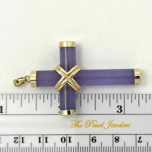 14k Solid Yellow Gold Hand 7 mm Column Lavender Jade Christian Cross Pendant