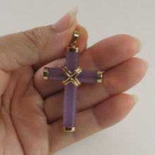 Load image into Gallery viewer, 14k Solid Yellow Gold Hand 7 mm Column Lavender Jade Christian Cross Pendant