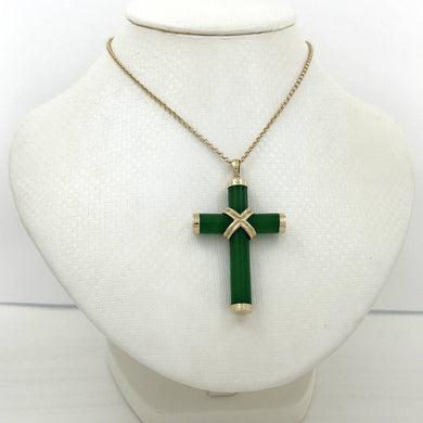 14k Solid Yellow Gold Hand 7 mm Column Green Jade Christian Cross Pendant