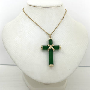 14k Solid Yellow Gold Hand 7 mm Column Green Jade Christian Cross Pendant