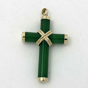 14k Solid Yellow Gold Hand 7 mm Column Green Jade Christian Cross Pendant