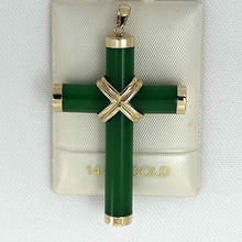 Load image into Gallery viewer, 14k Solid Yellow Gold Hand 7 mm Column Green Jade Christian Cross Pendant
