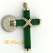 Load image into Gallery viewer, 14k Solid Yellow Gold Hand 7 mm Column Green Jade Christian Cross Pendant
