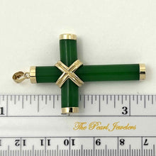 Load image into Gallery viewer, 14k Solid Yellow Gold Hand 7 mm Column Green Jade Christian Cross Pendant