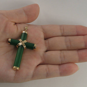 14k Solid Yellow Gold Hand 7 mm Column Green Jade Christian Cross Pendant