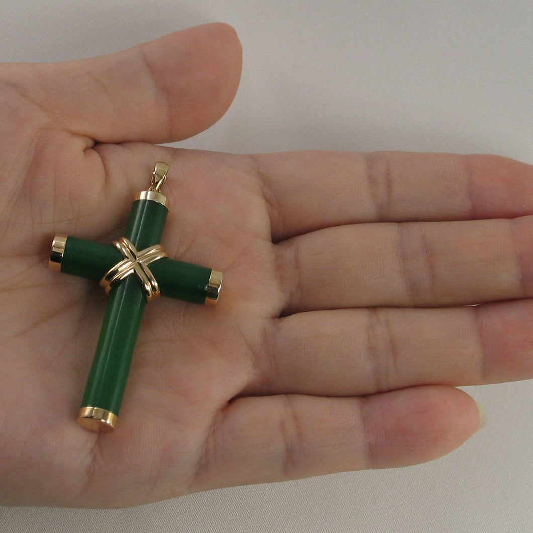 14k Solid Yellow Gold Hand 7 mm Column Green Jade Christian Cross Pendant