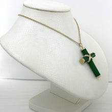 Load image into Gallery viewer, 14k Solid Yellow Gold Hand 7 mm Column Green Jade Christian Cross Pendant