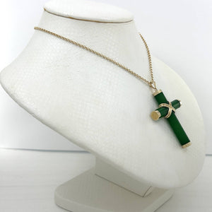 14k Solid Yellow Gold Hand 7 mm Column Green Jade Christian Cross Pendant