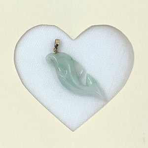 14k Solid Yellow Gold Hand-Carved Dolphin Natural Jadeite Pendant Necklace