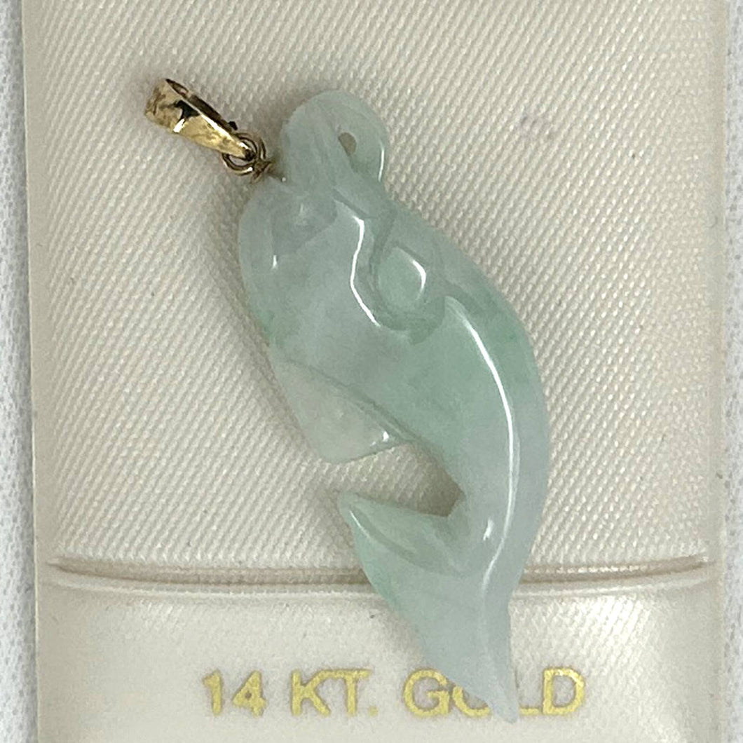 14k Solid Yellow Gold Hand-Carved Dolphin Natural Jadeite Pendant Necklace