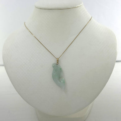14k Solid Yellow Gold Hand-Carved Dolphin Natural Jadeite Pendant Necklace