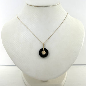 14kt Solid Yellow Gold Hawaiian Plumeria Design Black Onyx Pendant Necklace