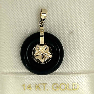 14kt Solid Yellow Gold Hawaiian Plumeria Design Black Onyx Pendant Necklace