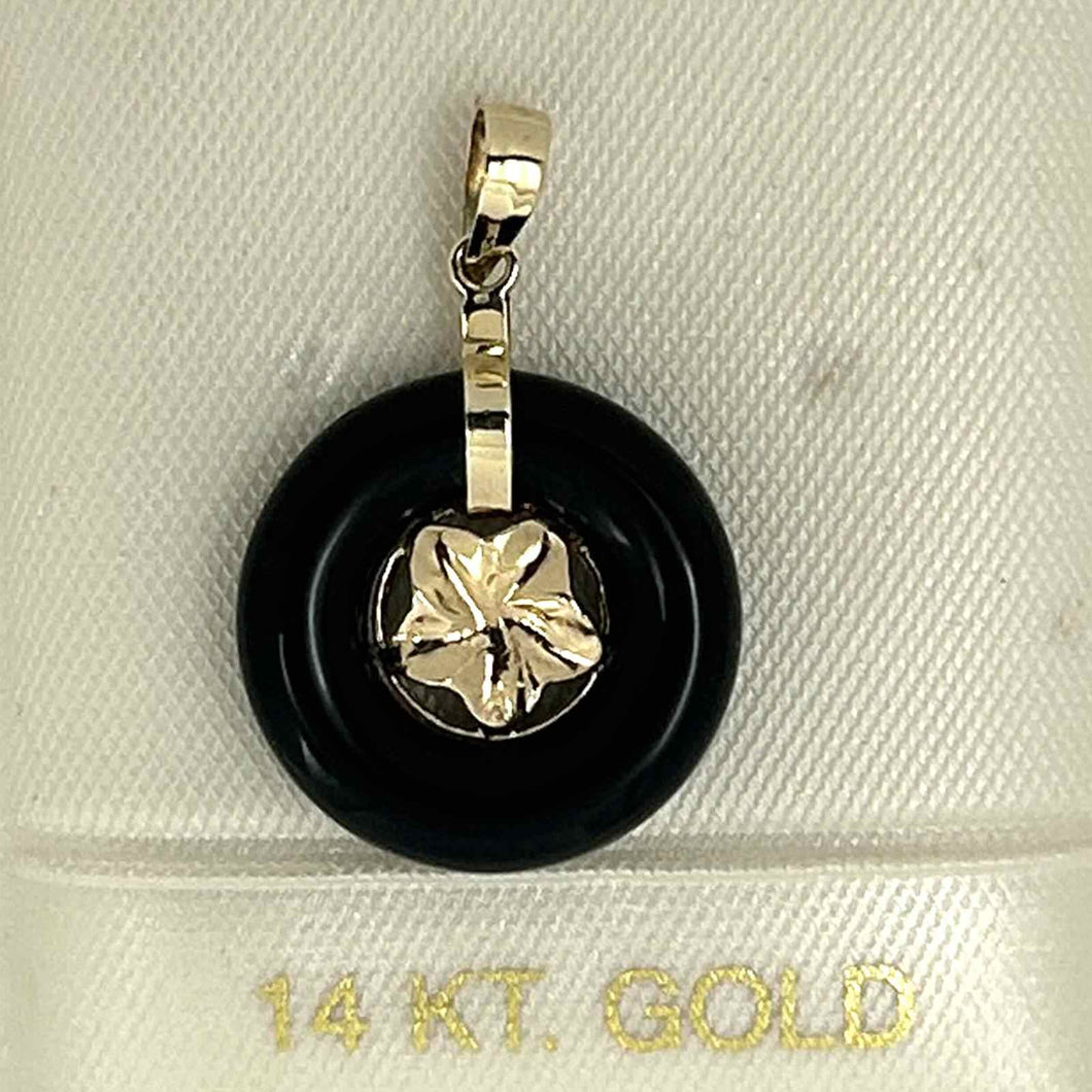 14kt Solid Yellow Gold Hawaiian Plumeria Design Black Onyx Pendant Necklace