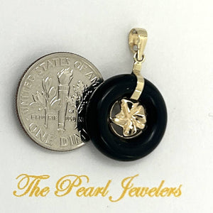 14kt Solid Yellow Gold Hawaiian Plumeria Design Black Onyx Pendant Necklace