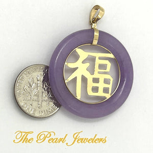 14kt Solid Yellow Gold Lavender Jade 30mm Good Luck Pendant Necklace