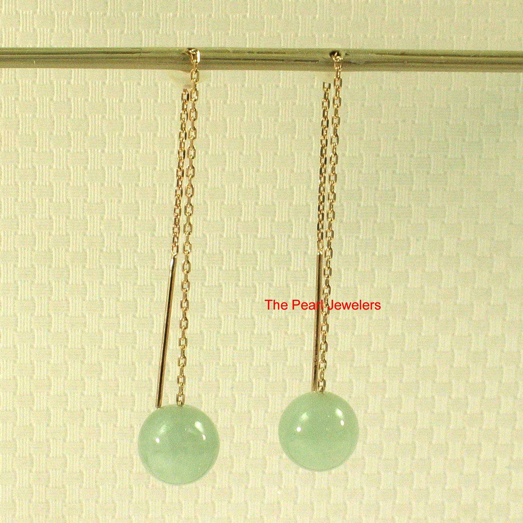 14K Yellow Gold Threader Chain Bean Green Jade Bead Dangle Earrings