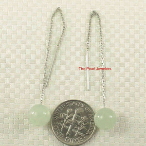 14K White Gold Threader Chain Bean Green Jade Bead Dangle Earrings