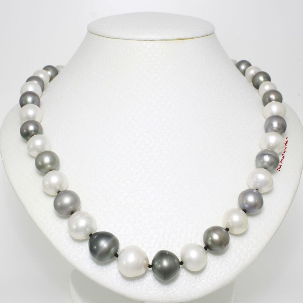 14k Yellow Gold Clasp Baroque Gray Tahitian & White Pearl Necklace