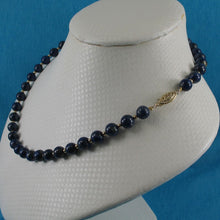 Load image into Gallery viewer, 7mm Lapis Lazuli &amp; 14k Gold Beads Necklace with Filigree Clasp