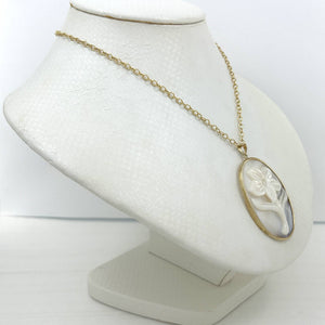 14k Yellow Gold Hand Carved Oval White Cream Mother of Pearl Pendant