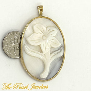 14k Yellow Gold Hand Carved Oval White Cream Mother of Pearl Pendant