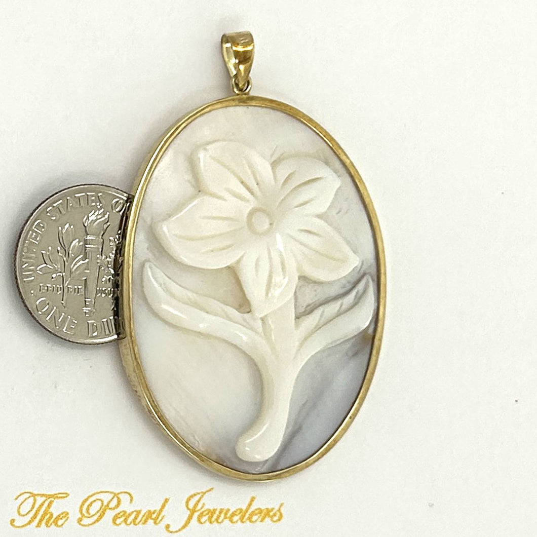 14k Yellow Gold Hand Carved Oval White Cream Mother of Pearl Pendant