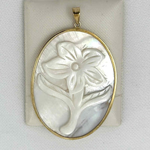 14k Yellow Gold Hand Carved Oval White Cream Mother of Pearl Pendant