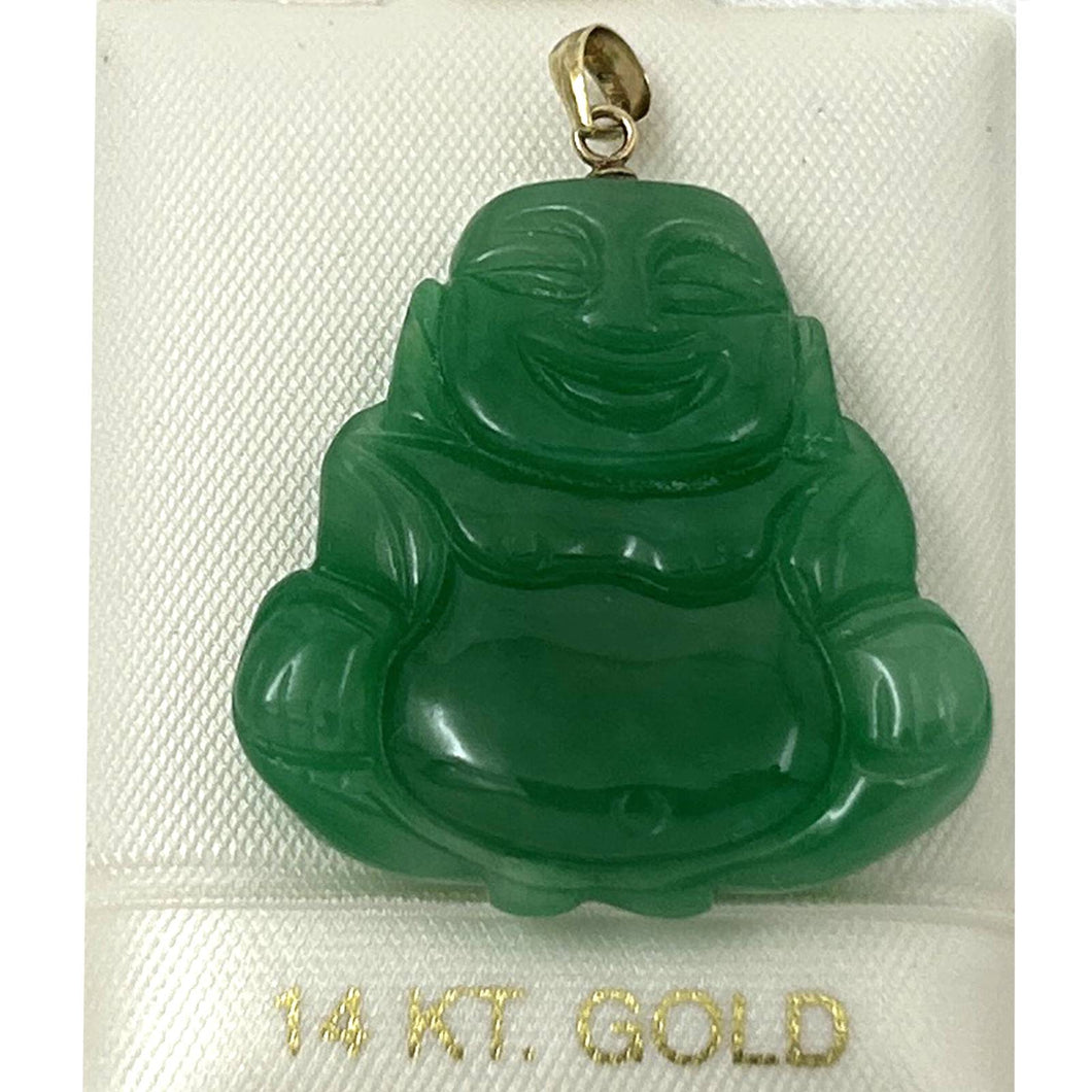 14k Yellow Gold Hand Carving Two Sides Green Jade Buddha Pendant