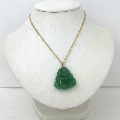 14k Yellow Gold Hand Carving Two Sides Green Jade Buddha Pendant