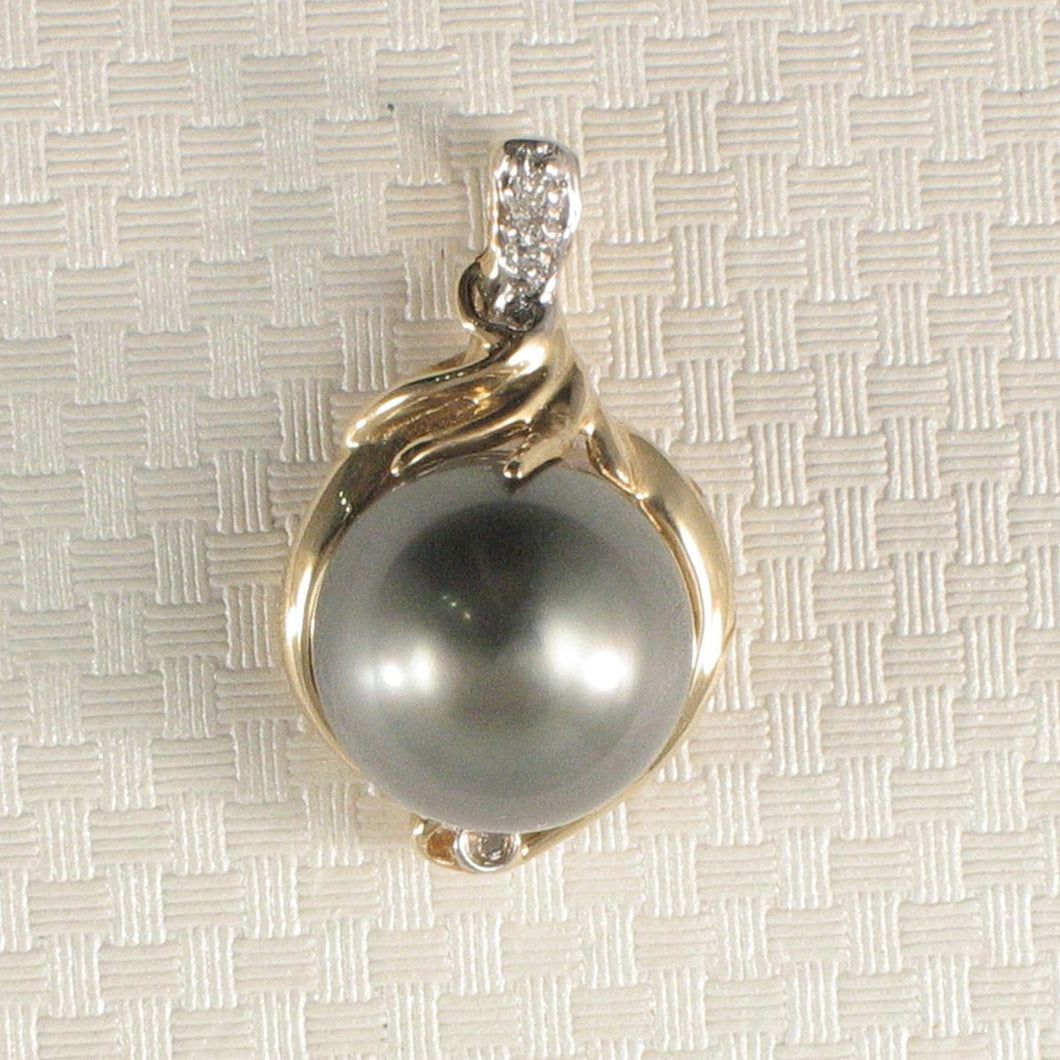 14k Yellow Gold Octopus Black-Silver Tahitian Pearl & Diamond Pendant