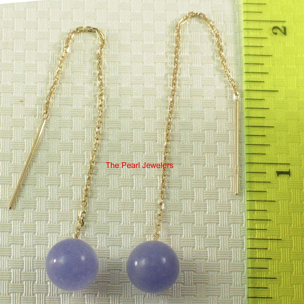 14K Yellow Gold Threader Chain Lavender Jade Bead Dangle Earrings