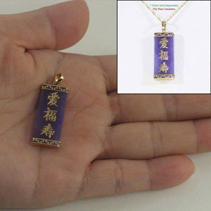 14kt Yellow Gold Triple Lucky Greek Key Design Purple Jade Pendant Necklace