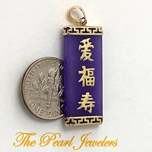 Load image into Gallery viewer, 14kt Yellow Gold Triple Lucky Greek Key Design Purple Jade Pendant Necklace