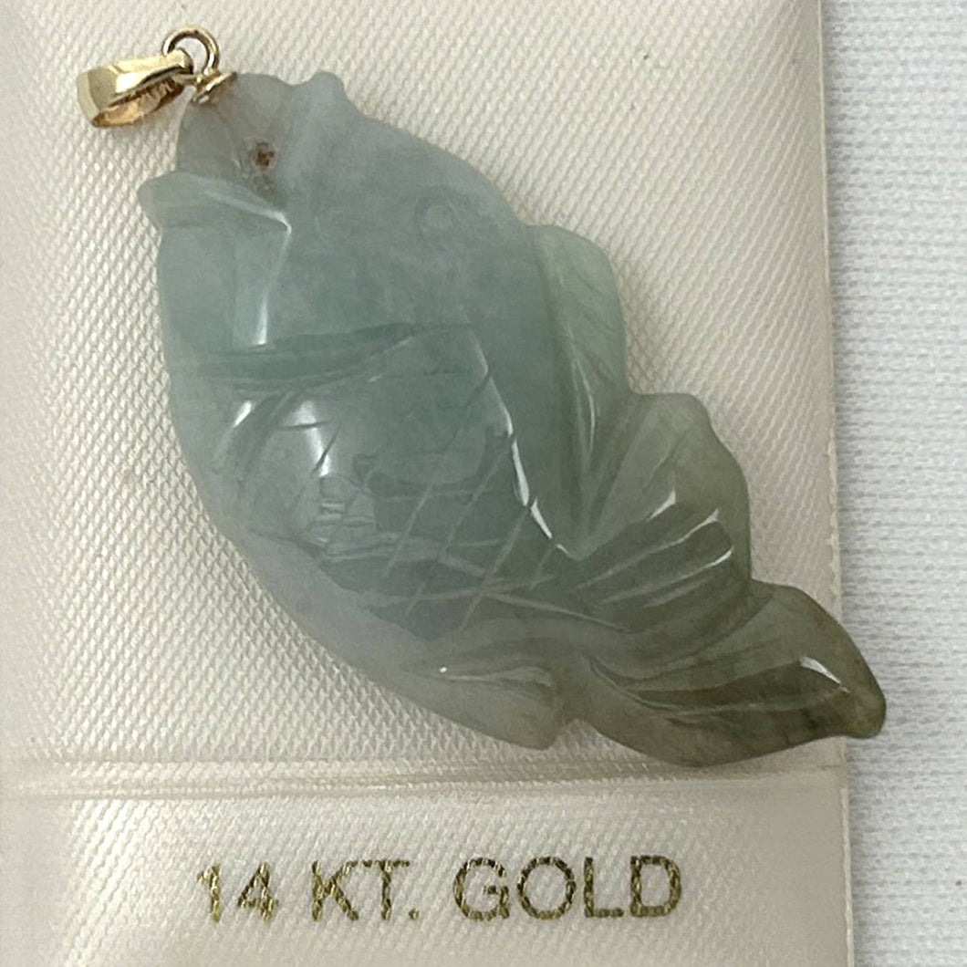 14kt Solid Gold Hand Carved Honeydew Jade Jadeite Koi Fish Pendant Necklace