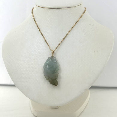 14kt Solid Gold Hand Carved Honeydew Jade Jadeite Koi Fish Pendant Necklace