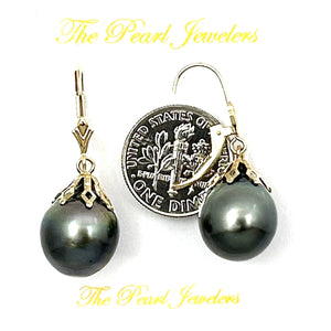 14k Yellow Gold Black Baroque Tahitian Pearl Leverback Dangle Earrings