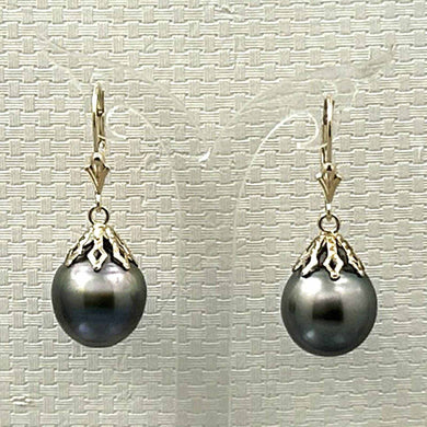 14k Yellow Gold Black Baroque Tahitian Pearl Leverback Dangle Earrings