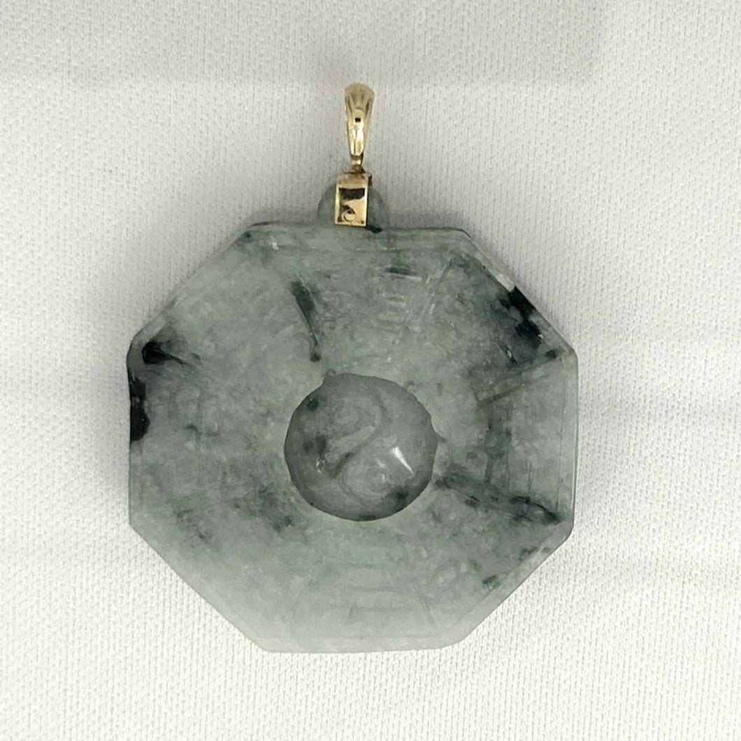 14k Yellow Gold Hand Carved Eight Trigrams Natural Jadeite Pendant Necklace